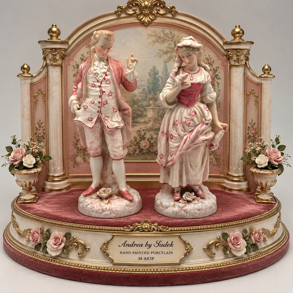 Vintage Bisque Porcelain Courtly Couple Figurines Pink White Rococo Style Set 2